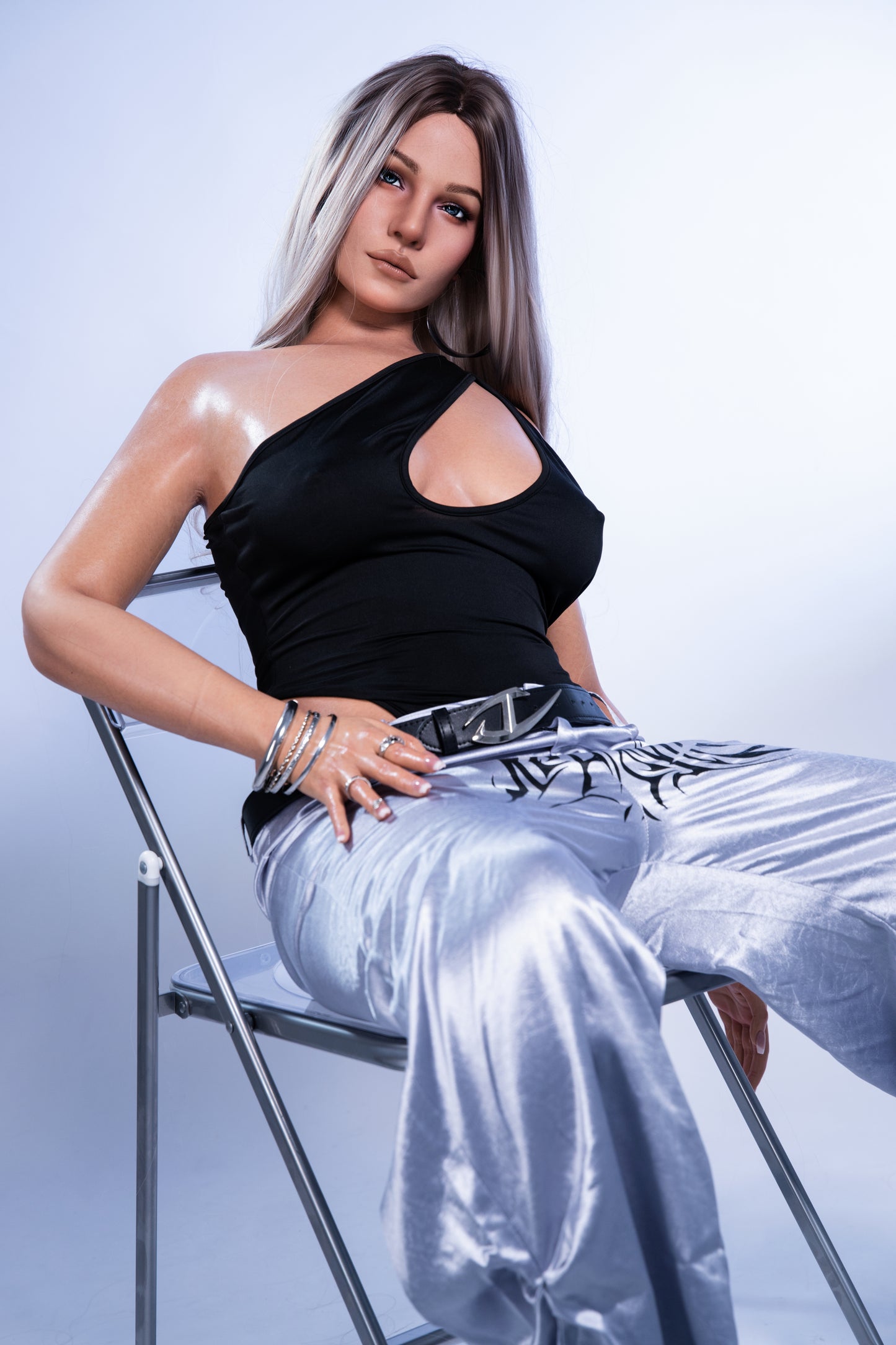 IDO Doll 165cm Silicone Realistic Doll – Silver-Haired Urban Chic in Black One-Shoulder Outfit